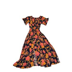 Jaase Floral Maxi Dress Womens OS Navy Pink Gold Boho Smocked Slit